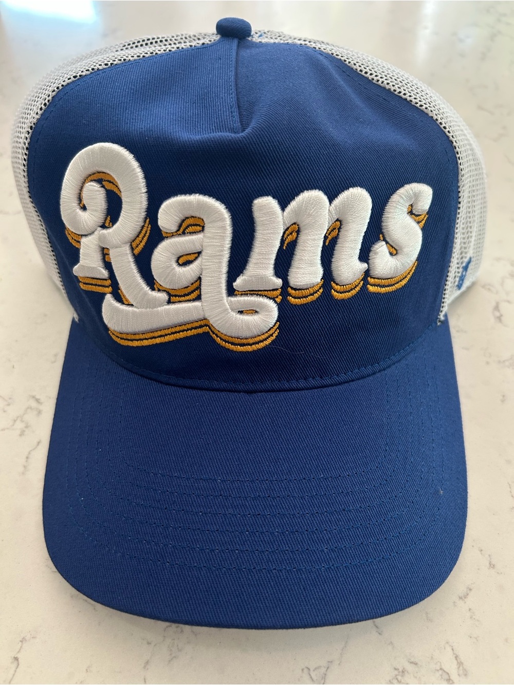 47 Brand Blue and White "Rams" Trucker Hat with Gold Accent